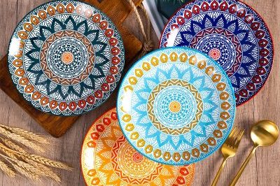 Bohemian style hand painted underglaze ceramic plate (2)