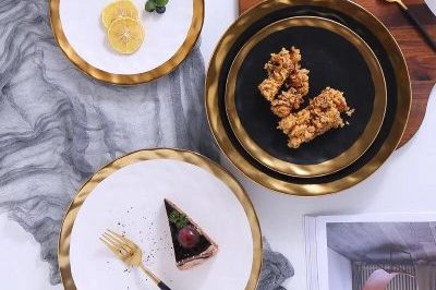 Gold rim dinnerware ceramic plate and dishes (3)