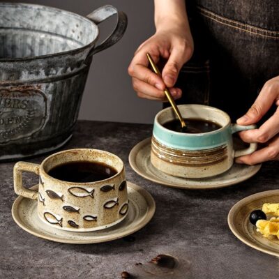 Retro relief ceramic coffee mug