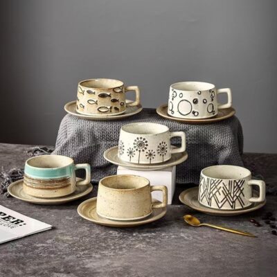 Retro relief ceramic coffee mug