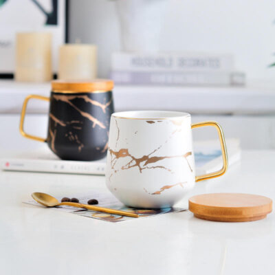 Marbled Ceramic Coffee Mug with Wooden Lid