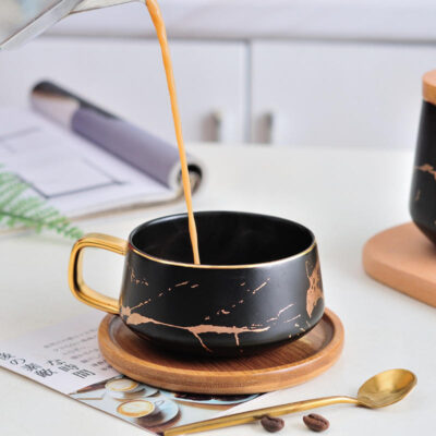 Marbled Ceramic Coffee Mug with Wooden Lid