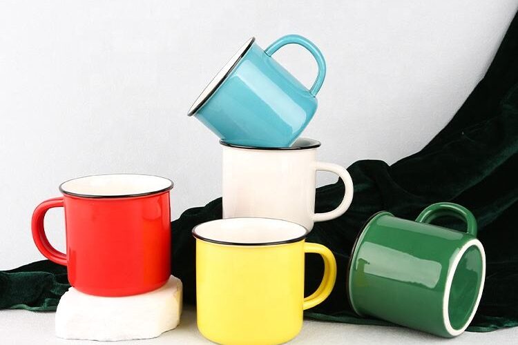 Rolled-Rim Ceramic Enamel Camping Mugs Manufacturer (2) ceramic enamel mugs for bulk printing