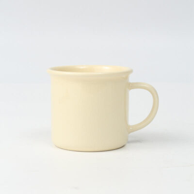 enamel-style ceramic coffee mug with logo