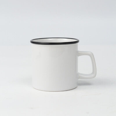 enamel-style ceramic coffee mug with logo