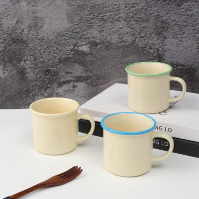 enamel-style ceramic coffee mug with logo
