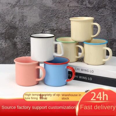 enamel-style ceramic coffee mug with logo