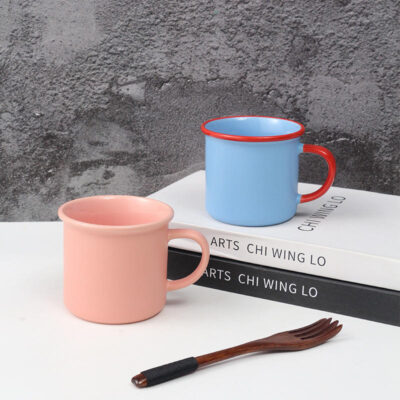 enamel-style ceramic coffee mug with logo
