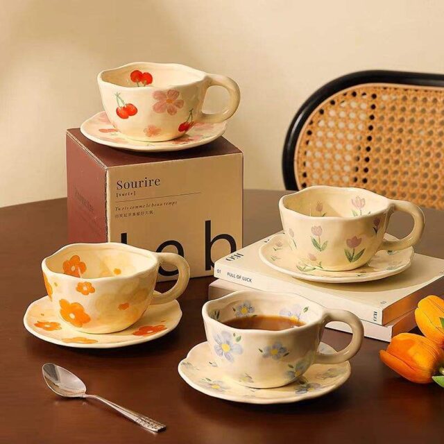 cherry flower ceramic coffee mug