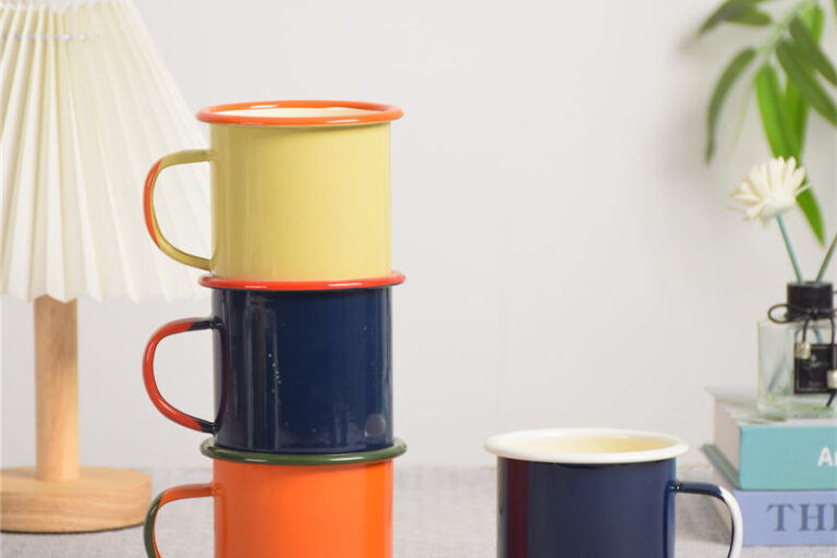 Wholesale Ceramic Enamel Camping Mugs, 12oz & 15oz (1) ceramic enamel camping mugs with handle
