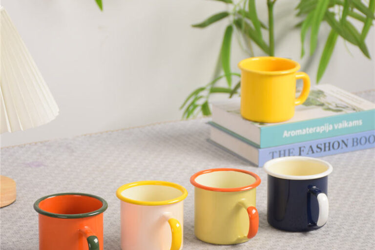 Wholesale Ceramic Enamel Camping Mugs, 12oz & 15oz (3) ceramic enamel camping mugs with handle